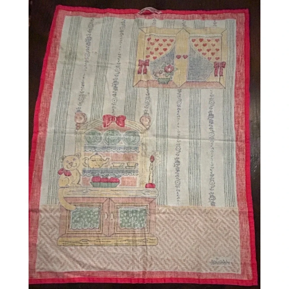 Vintage Marika Tea Towel Cotton Cat Cottagecore Folk Art Retro Decor Farmhouse